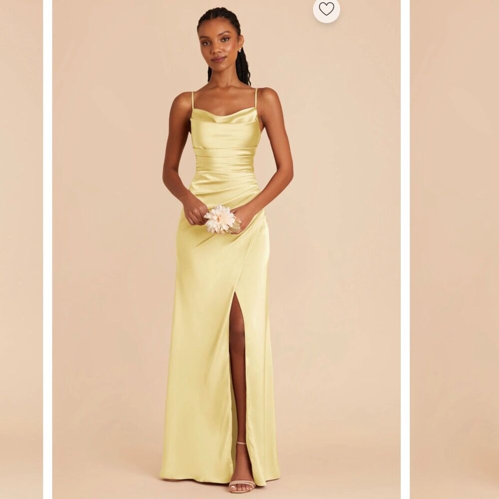 Birdy Grey XS Lydia Matte Satin Dress Lemon Sorbet high slit maxi